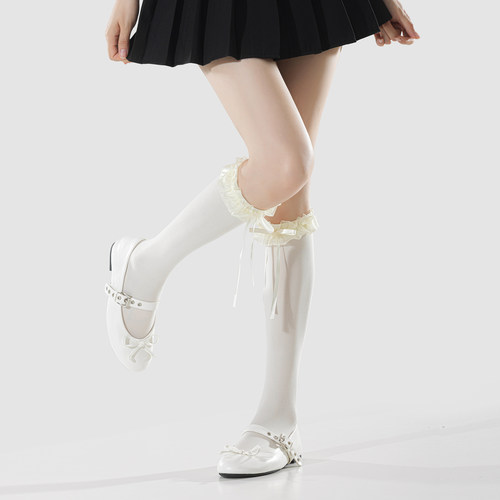 lolita白色小腿袜子女夏薄款花边蝴蝶结蕾丝黑高长筒压力jk过膝袜 - 图2