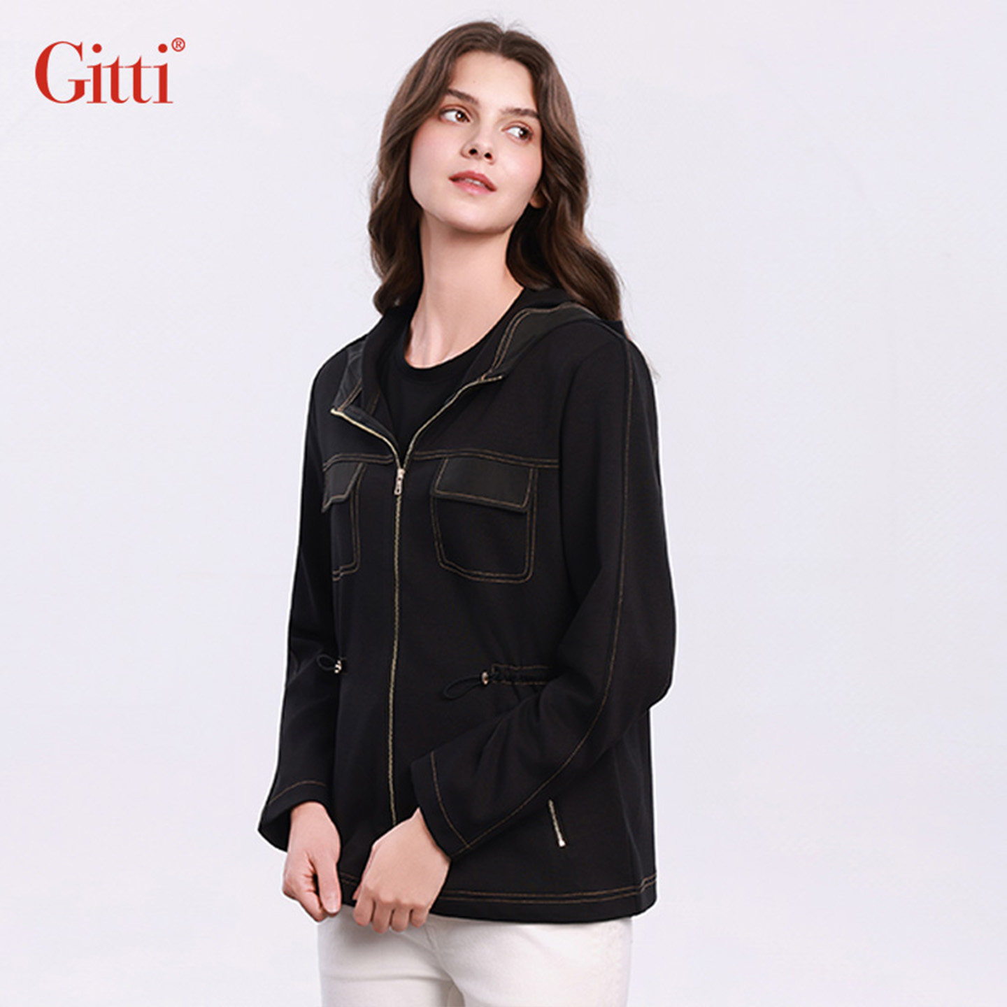 Gitti/吉蒂连帽抽绳收腰外套女大码显瘦长袖夹克G255464,淘宝优惠券,粉丝福利购,淘宝优惠卷