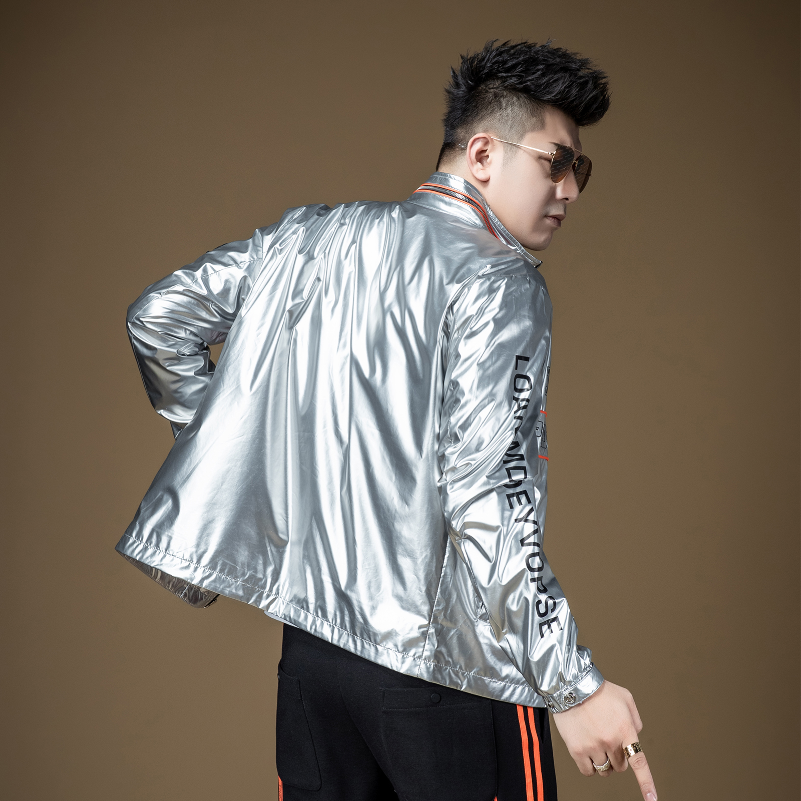 BM男士烫钻亮面教练飞行员夹克炸街外套男潮牌欧美街头修身港风秋 - 图2