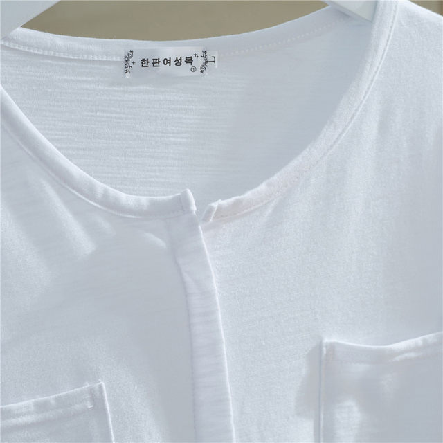 ຜ້າຝ້າຍ Bamboo loose pure white style Korean pocket short sleeve pocket