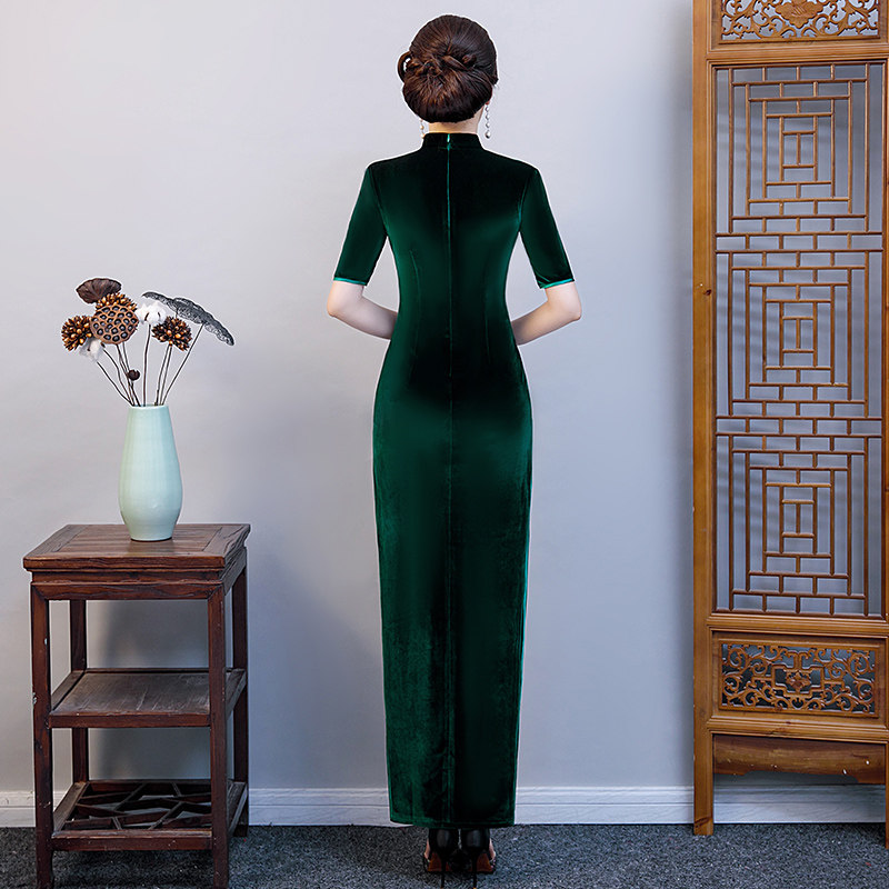 金丝绒高档2020新款女长款气质旗袍 紫贝缇旗袍