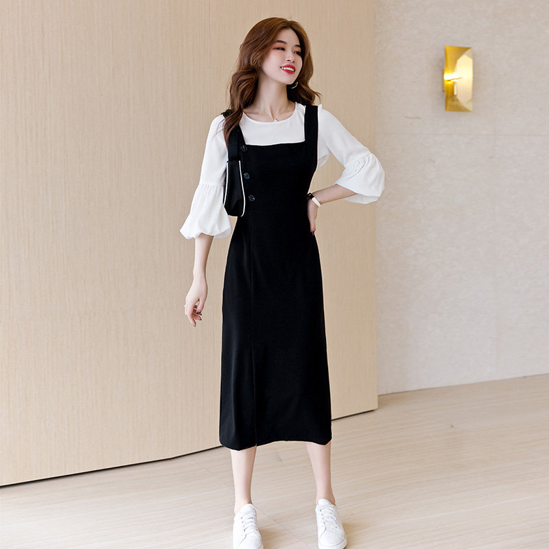 2020秋季新款黑色背带a字长裙子 苏陌女装连衣裙