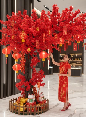 加密仿真桃花树红色中式国风