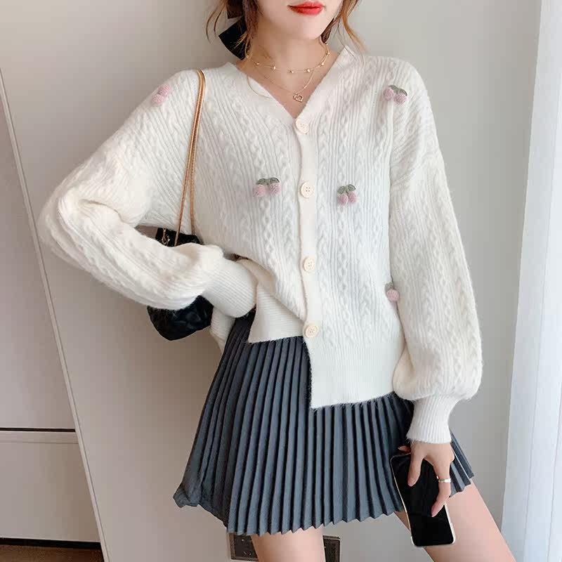 刺绣樱桃针织秋冬季慵懒风长袖毛衣 奥仙儿毛针织衫