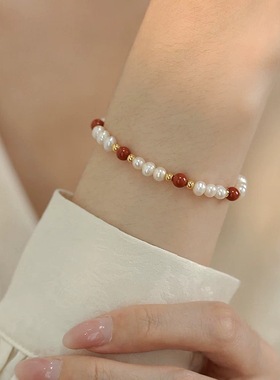 小众设计天然淡水珍珠红玛瑙手链轻奢复古高级感本命手串生日礼物