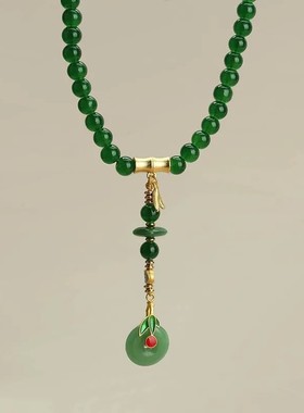 新中式国潮平安扣项链女款复古祖母绿圆珠长款毛衣链古风汉服配饰