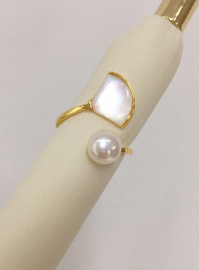 新款轻奢高级感戒指天然海贝母淡水珍珠开口戒指大小可调节指环