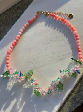 田园琉璃水晶中古感花朵项链