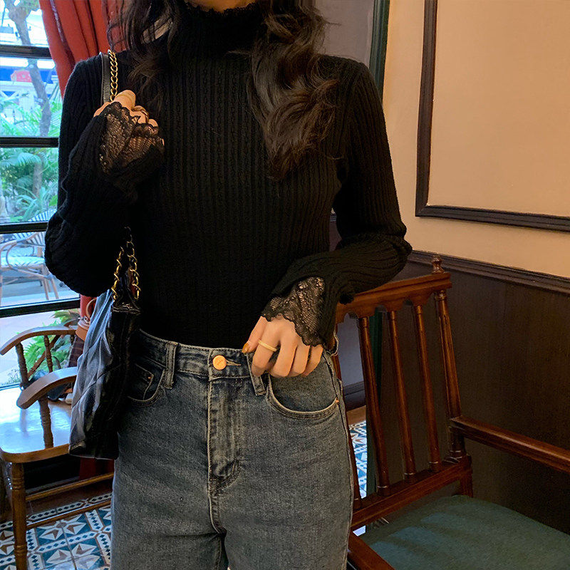 法式白色针织衫拼接蕾丝皮草内搭女秋冬显瘦半高领毛衣打底衫上衣,淘宝优惠券,粉丝福利购,淘宝优惠卷