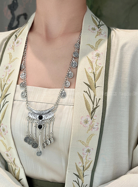 新中式银色刻花流苏长款项链女