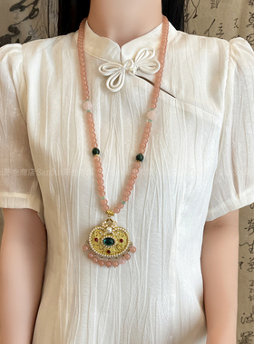 平安锁串珠长款软璎珞项链