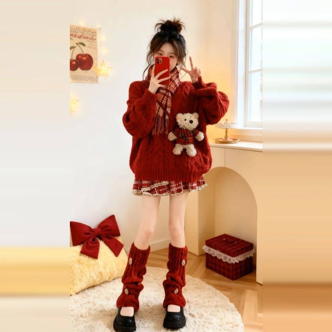 女宝过年喜庆衣服套装女童冬装拜年服洋气毛衣中大童半身裙四件套,淘宝优惠券,粉丝福利购,淘宝优惠卷