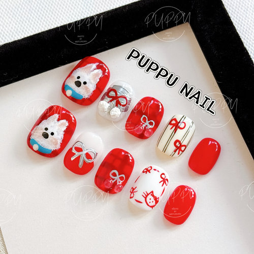 PUPPY家 西高地新年美甲红色可爱手绘可定制穿戴甲小狗卡通过年 - 图2