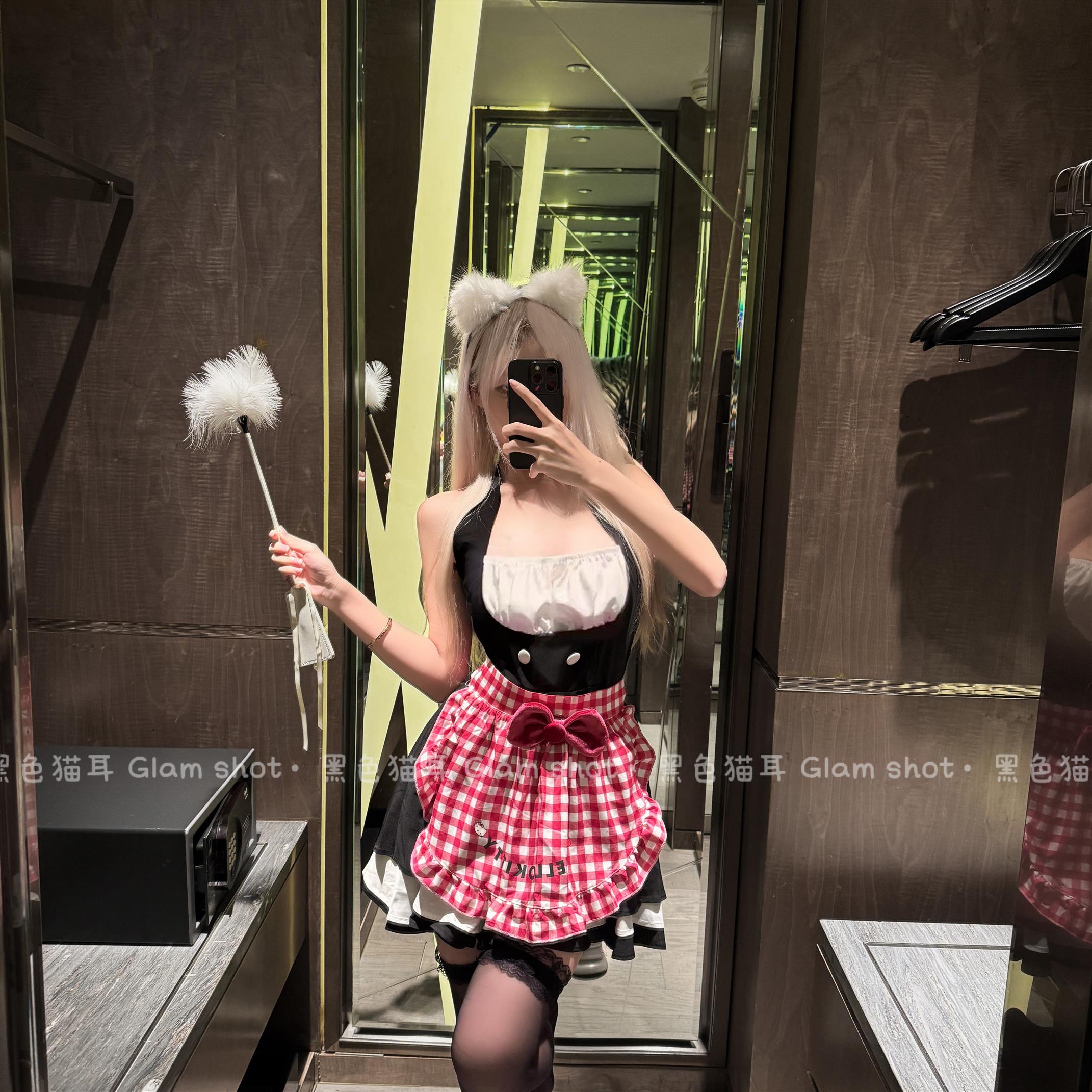 纯欲红格女仆装COS女佣辣妹kitty喵撞色性感拼接挂脖显瘦套装 - 图3