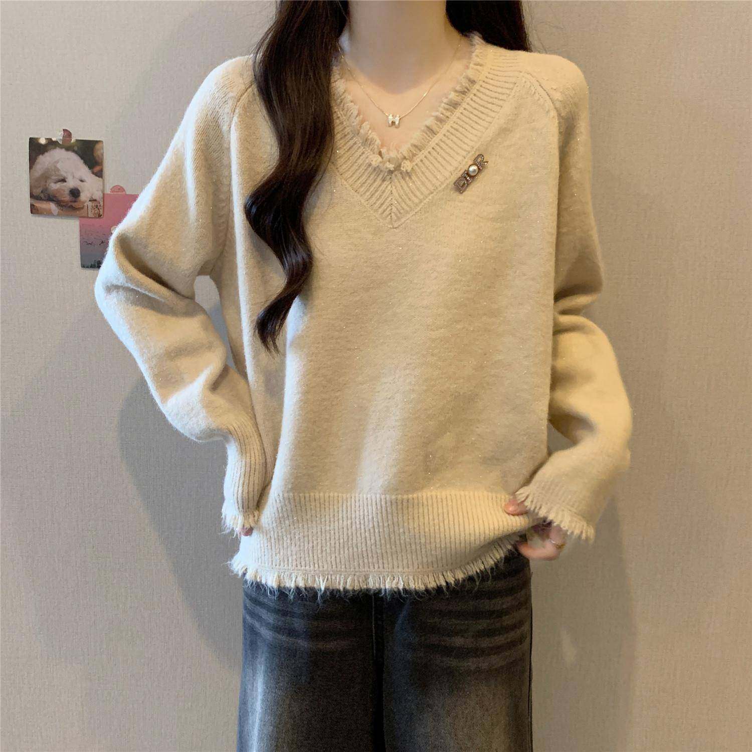春秋大码女装胖mm毛衣V领针织衫流苏宽松显瘦遮肉长袖正肩0111r,淘宝优惠券,粉丝福利购,淘宝优惠卷