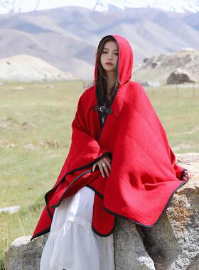 旅行大披肩围巾女秋冬季披肩斗篷外套毯子高级感大红色民族1009r