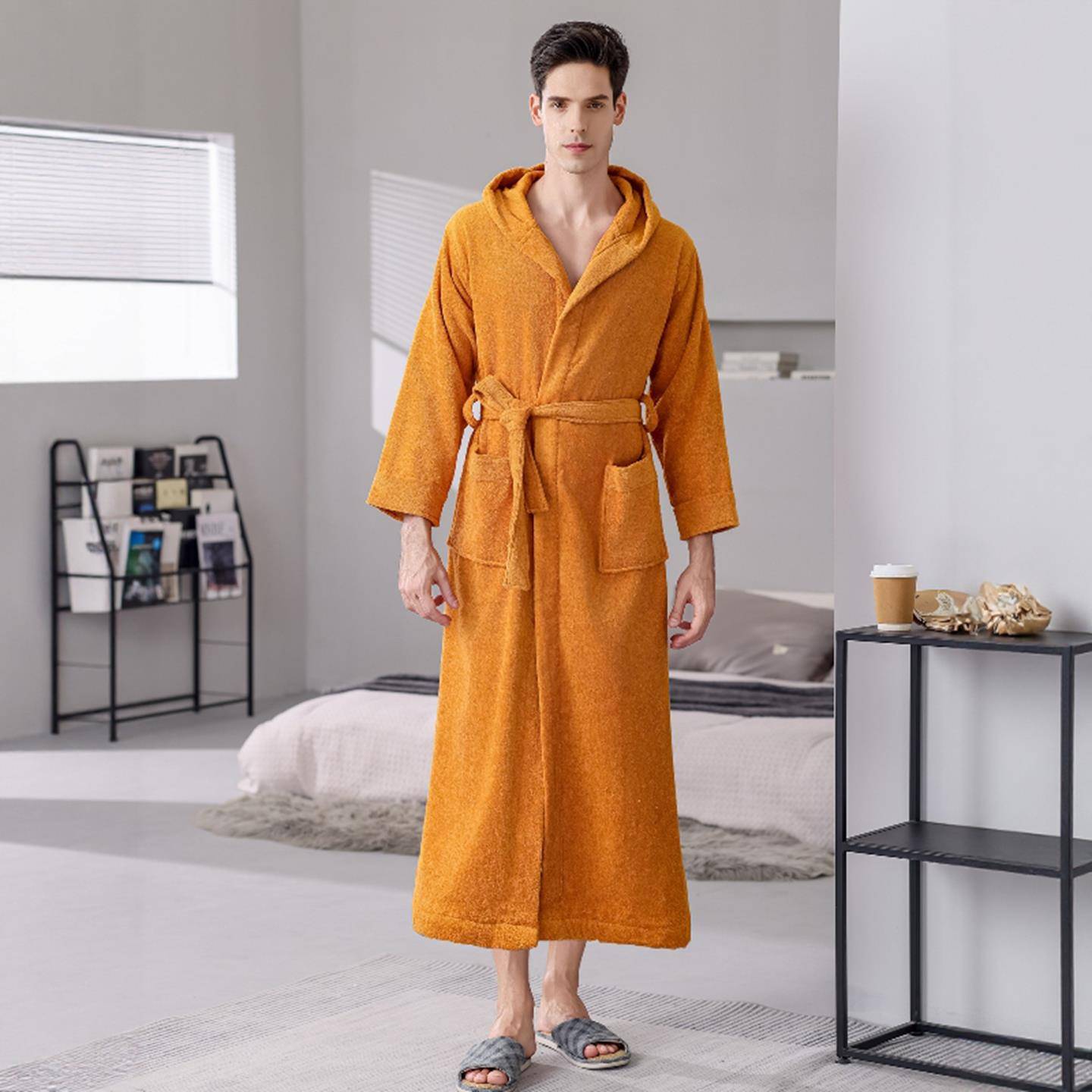 秋冬浴袍男士带帽子秋冬季睡衣加厚加长款睡袍1009c - 图1
