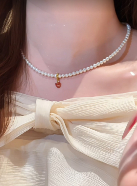 Annaya小红心天然珍珠项链吊坠女