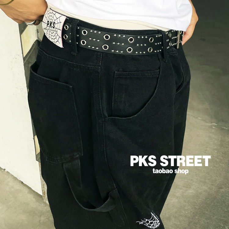 PKS黑色金属双排柳钉皮带百搭个性街头滑板男腰带