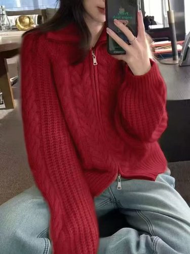 高翻领100羊毛衫长袖复古扭花外搭开衫女加厚双拉链羊绒针织外套 - 图2