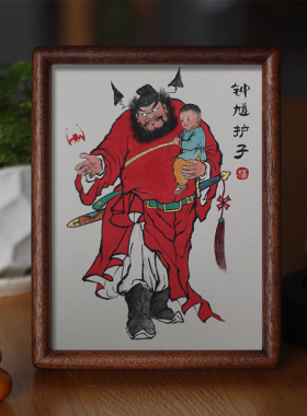 钟馗护子图朱砂手绘实木摆件