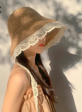 夏季大檐飘带蕾丝防晒草帽女