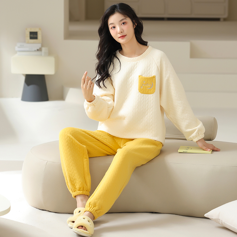 睡衣女秋冬季加厚纯棉长袖空气棉夹层春秋季家居服套装2024年新款 - 图1