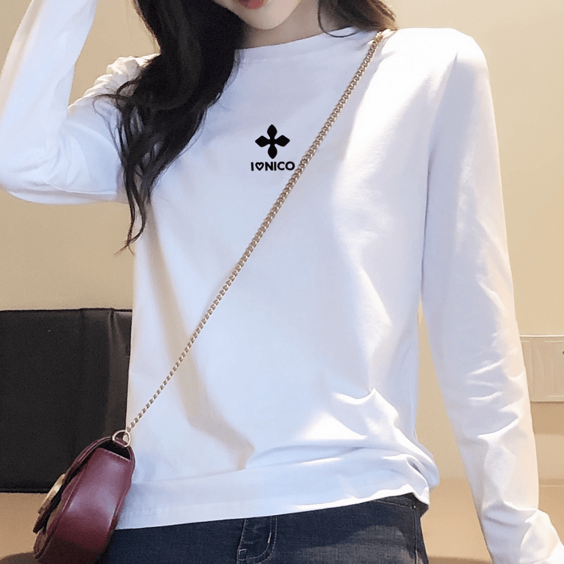 秋装白色t恤长袖纯棉宽松打底衫 酷丹琦T恤