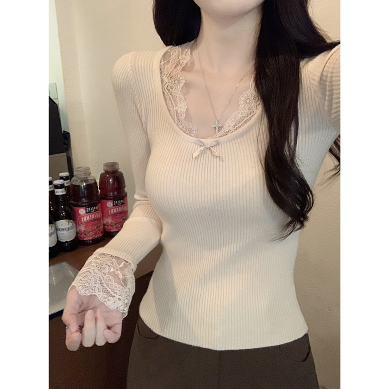 秋冬季纯欲风蕾丝花边修身显瘦长袖打底针织衫上衣紧身内搭毛衣女,淘宝优惠券,粉丝福利购,淘宝优惠卷