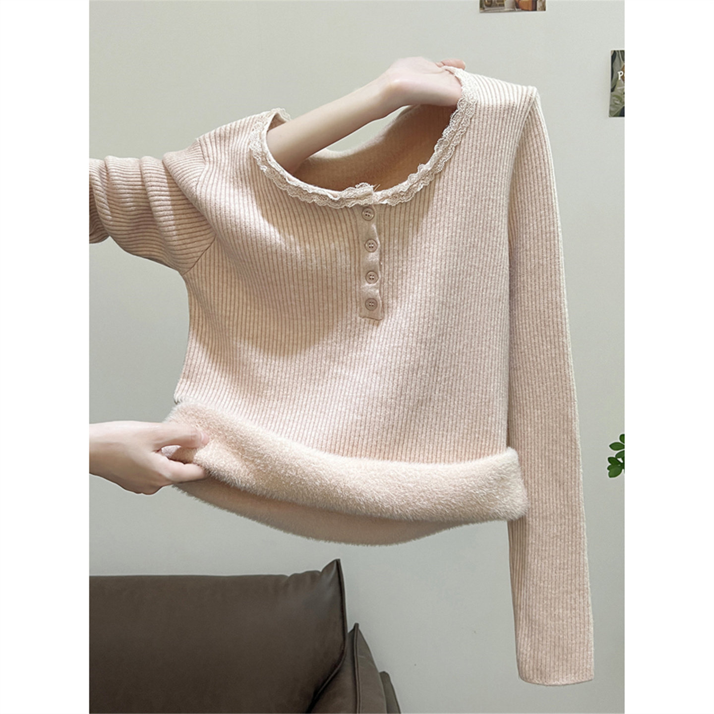 秋冬蕾丝花边圆领长袖打底针织衫上衣加厚加绒保暖内搭黄色毛衣女,淘宝优惠券,粉丝福利购,淘宝优惠卷