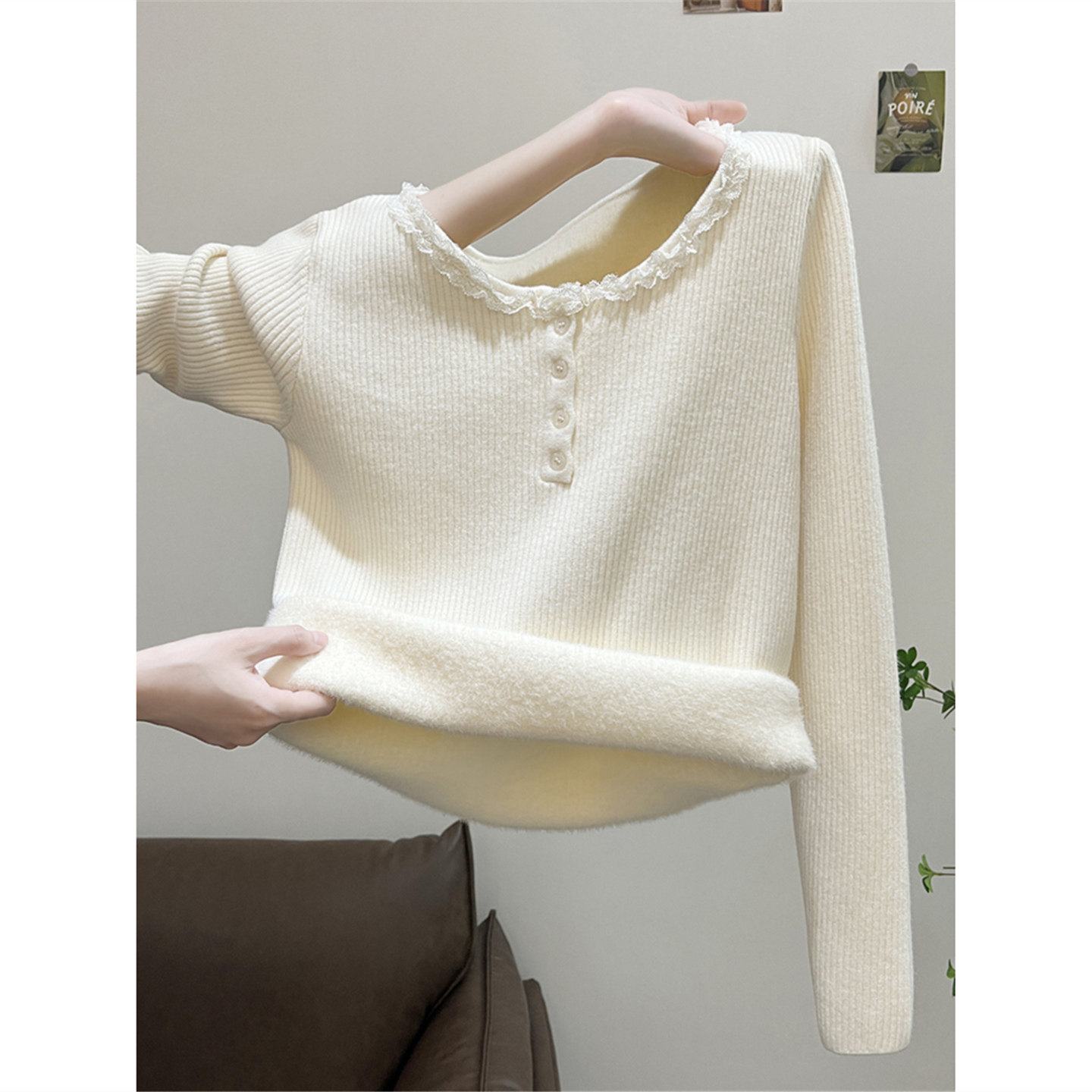 秋冬蕾丝花边圆领长袖打底针织衫上衣加厚加绒保暖内搭黄色毛衣女,淘宝优惠券,粉丝福利购,淘宝优惠卷