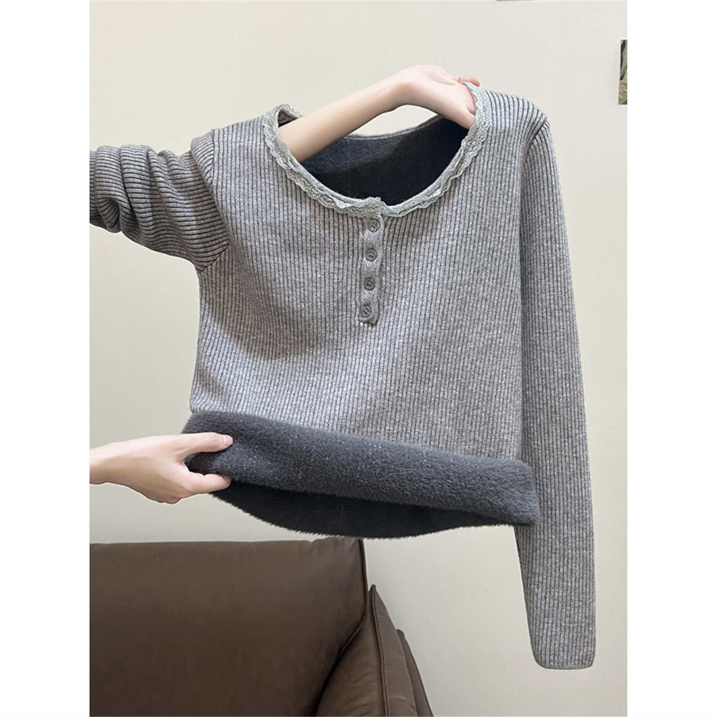 秋冬蕾丝花边圆领长袖打底针织衫上衣加厚加绒保暖内搭黄色毛衣女,淘宝优惠券,粉丝福利购,淘宝优惠卷