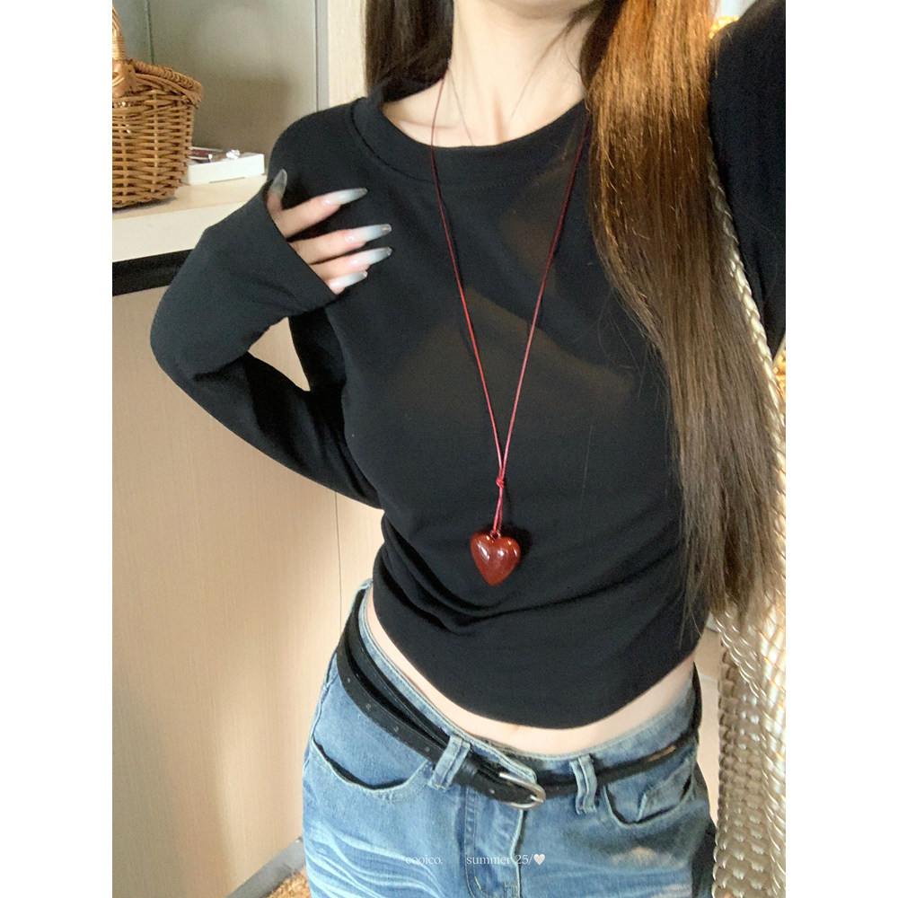 正肩灰色t恤女长袖早秋穿搭韩系辣妹修身紧身短款内搭打底衫上衣,淘宝优惠券,粉丝福利购,淘宝优惠卷