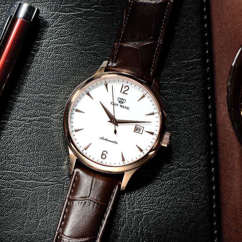 天王表正品手表男士自动机械表时尚休闲皮带腕表防水简约男表5844