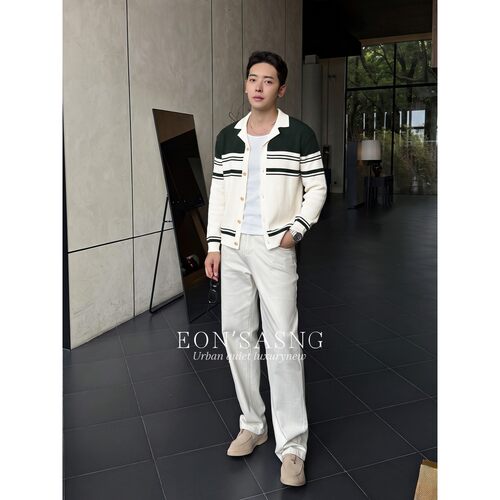 老钱风新贵撞色横纹肌理开衫毛衣男士痞帅秋季休闲针织衫叠穿外套 - 图3