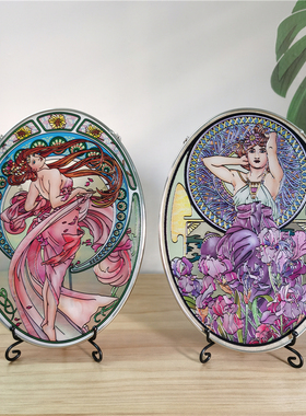 清仓价穆夏MUCHA美人彩绘玻璃挂盘坐盘挂画轻奢艺术摆件高档礼物