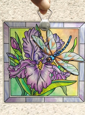 紫色鸢尾蜻蜓外贸尾货AMIA彩绘玻璃挂牌壁饰家居摆件艺术收藏送礼