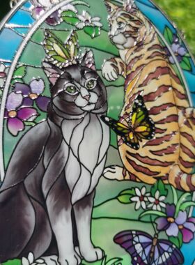 清仓 两只猫猫梦幻彩色玻璃挂牌立线彩绘复古华丽家居摆件送礼