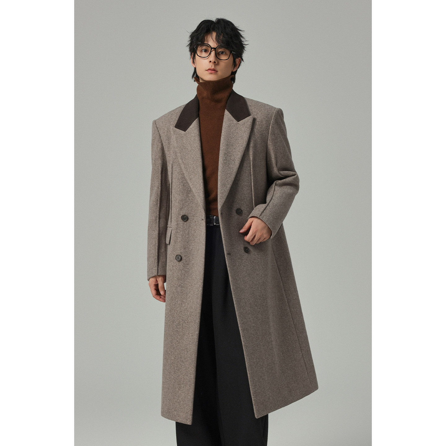 【鹅绒内胆】储格拼接毛呢大衣男中长款过膝帅气夹棉带垫肩外套,淘宝优惠券,粉丝福利购,淘宝优惠卷