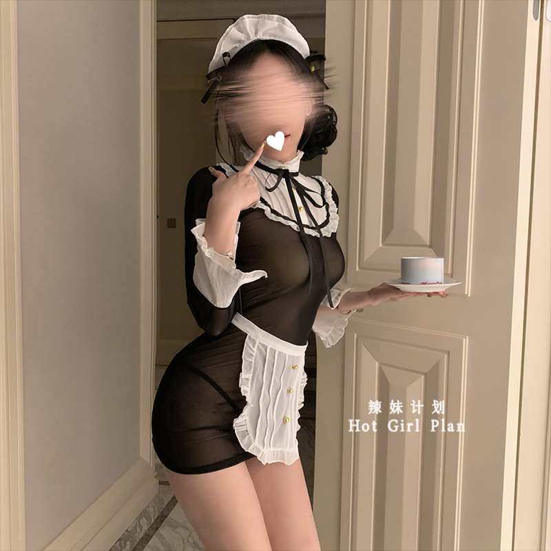 辣妹计划：娇羞女仆*性感网纱透视包臀连衣裙qqny诱惑女佣制服装 - 图0
