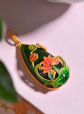 S925银镀18K金镶和田碧玉水滴珐琅宫廷复古吊坠汉服配饰玉坠项链