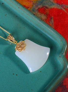 S925银镀18K金镶和田玉斧头牌珐琅宫廷复古吊坠汉服配饰玉坠项链