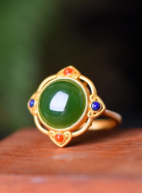 S925银镀18K金镶和田玉碧玉蛋面女宫廷复古戒指戒圈汉服配饰指环