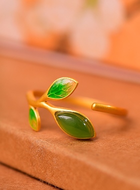 S925银镀18K金镶和田玉碧玉马眼女宫廷复古戒指戒圈汉服配饰指环