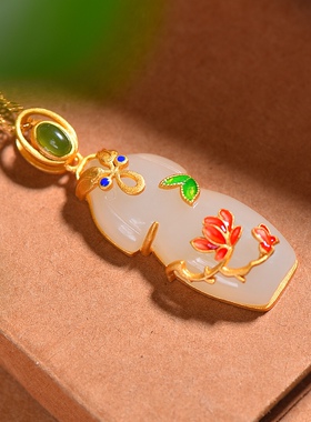 S925银镀18K金镶和田白玉旗袍珐琅宫廷复古吊坠汉服配饰玉坠项链