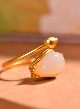 S925银镀18K金镶和田玉白玉水滴玫瑰花复古戒指戒圈汉服配饰指环