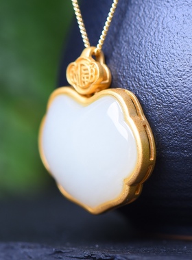 S925银镀18K金镶和田玉如意锁珐琅宫廷复古吊坠汉服配饰玉坠项链