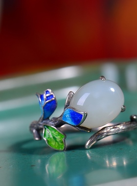 S925银镀18K金镶和田玉白玉蛋面女宫廷复古戒指戒圈汉服配饰指环