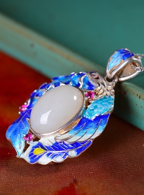 S925银镀18K金镶和田白玉蛋面珐琅宫廷复古吊坠汉服配饰玉坠项链