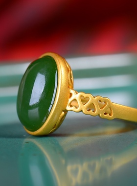 S925银镀18K金镶和田玉碧玉蛋面女宫廷复古戒指戒圈汉服配饰指环